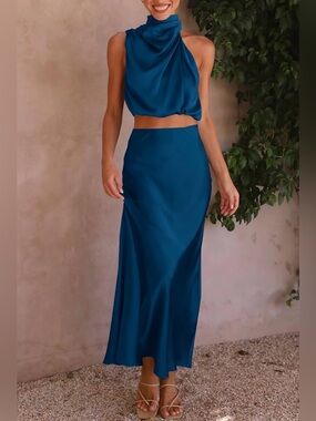 Teal Satin Two Piece Skirt Set Mock Neck Crop Top Maxi Skirt